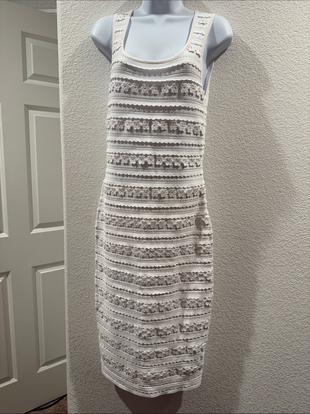 Michael Kors White Crochet-Striped Midi Dress
